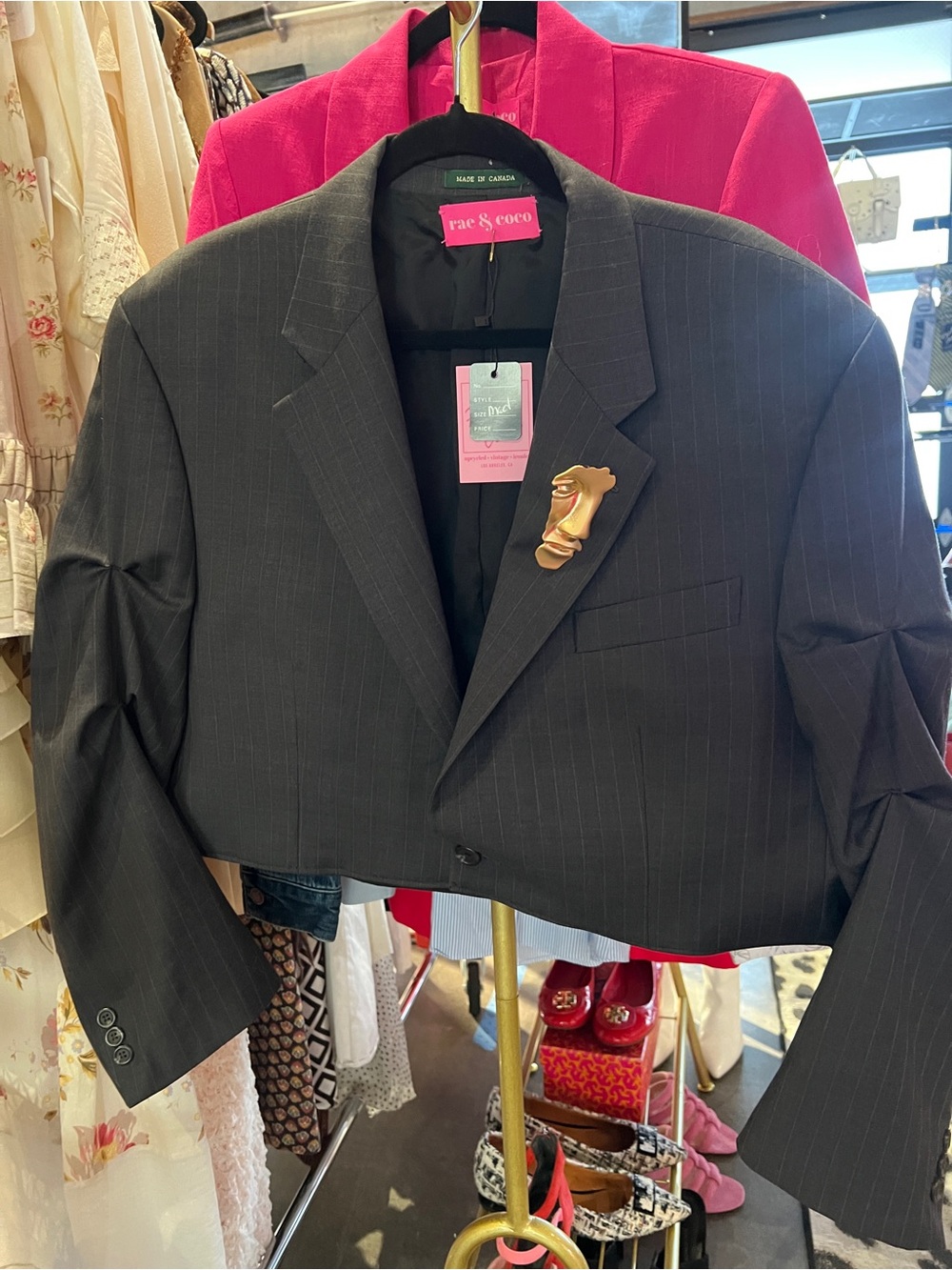Upcycled Rae & Coco Pinstripe Cropped Brooch Blazer
